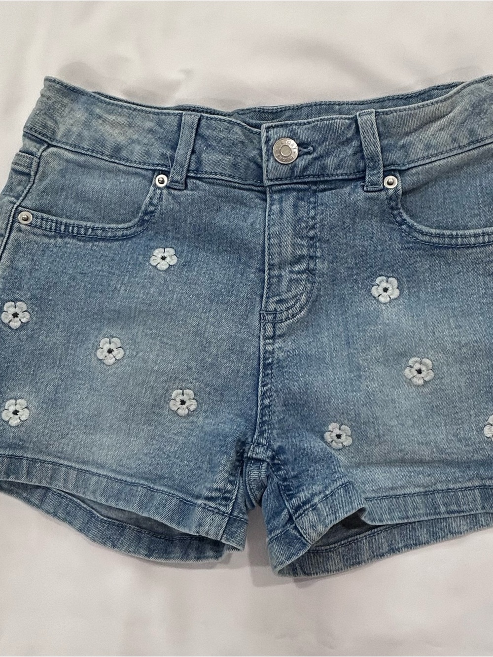Girls' Light Blue Denim Shorts with White Daisy Embroidery